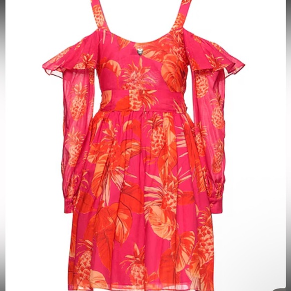 TWIN-SET Red Floral Print Cold-Shoulder Long Sleeve Off Shoulder Mini Dress 12 - Picture 3 of 13